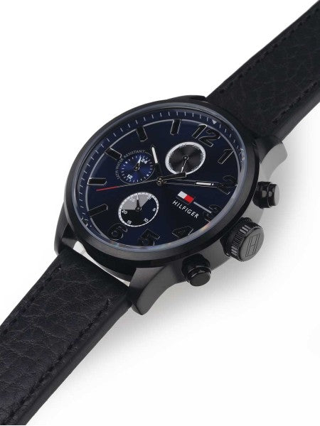 Tommy Hilfiger Jackson Quartz Blue Dial Black Leather Strap Watch for Men - 1791241