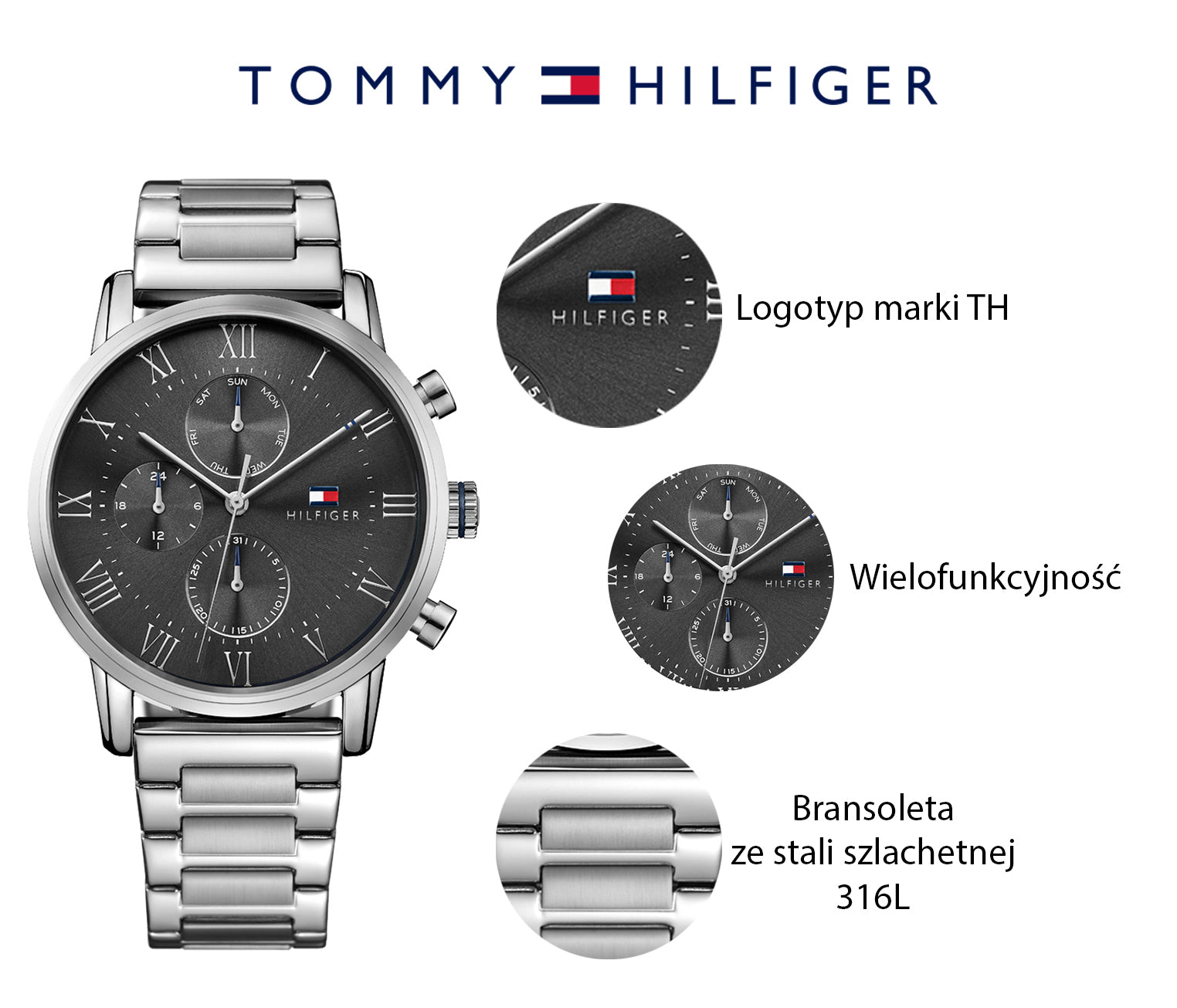 Tommy Hilfiger Kane Chronograph Quartz Grey Dial Silver Steel Strap Watch for Men - 1791397