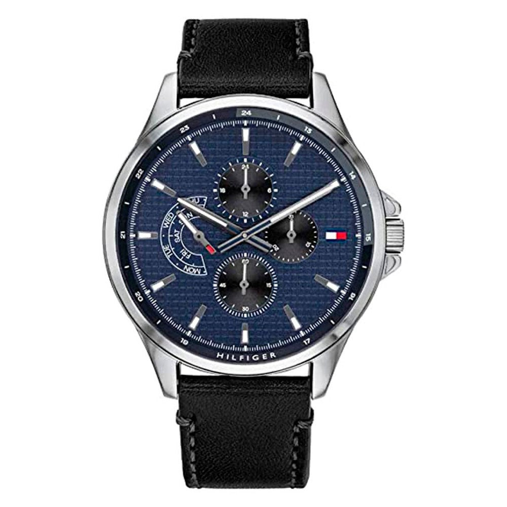 Tommy Hilfiger Shawn Multi Function Quartz Blue Dial Black Leather Strap Watch for Men - 1791616