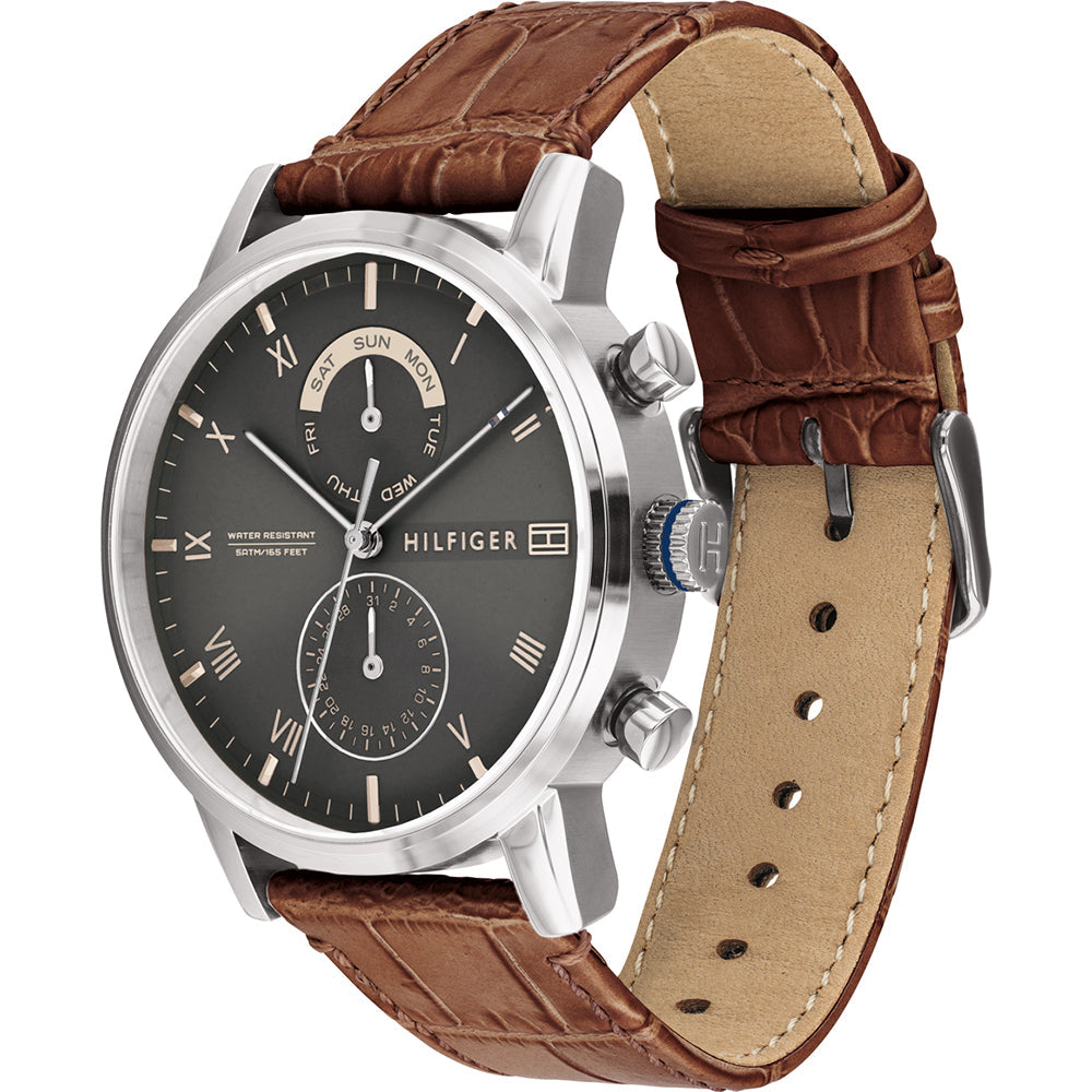 Tommy Hilfiger Kane Grey Dial Brown Leather Strap Watch for Men - 1710398