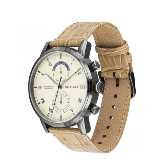 Tommy Hilfiger Kane White Dial Beige Leather Strap Watch for Men - 1710399