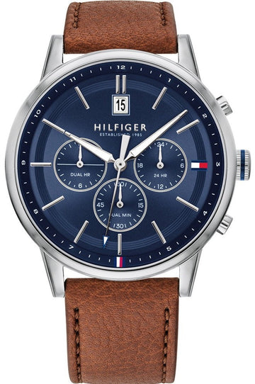 Tommy Hilfiger Kyle Multifunction Blue Dial Brown Leather Strap Watch for Men - 1791629