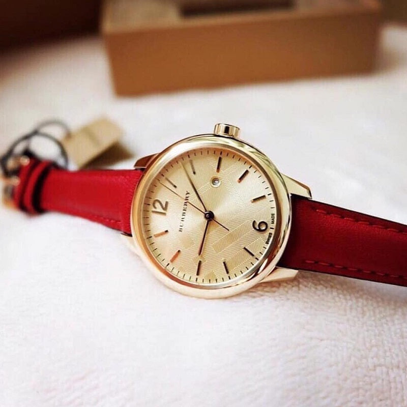 Burberry The Classic Gold Dial Red Leather Strap Watch for Women - BU10102