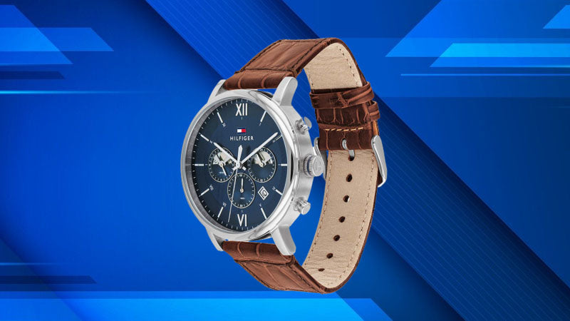 Tommy Hilfiger Evan Chronograph Blue Dial Brown Leather Strap Watch for Men - 1710393