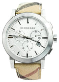 Burberry The City Chronograph White Dial Haymarket Beige Leather Strap Watch For Men - BU9360