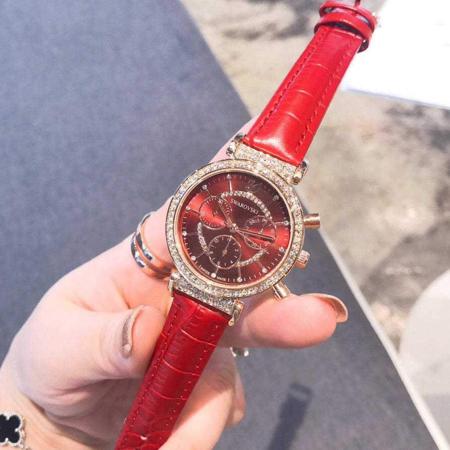 Swarovski Passage Chrono Red Dial Red Leather Strap Watch for Women - 5580345