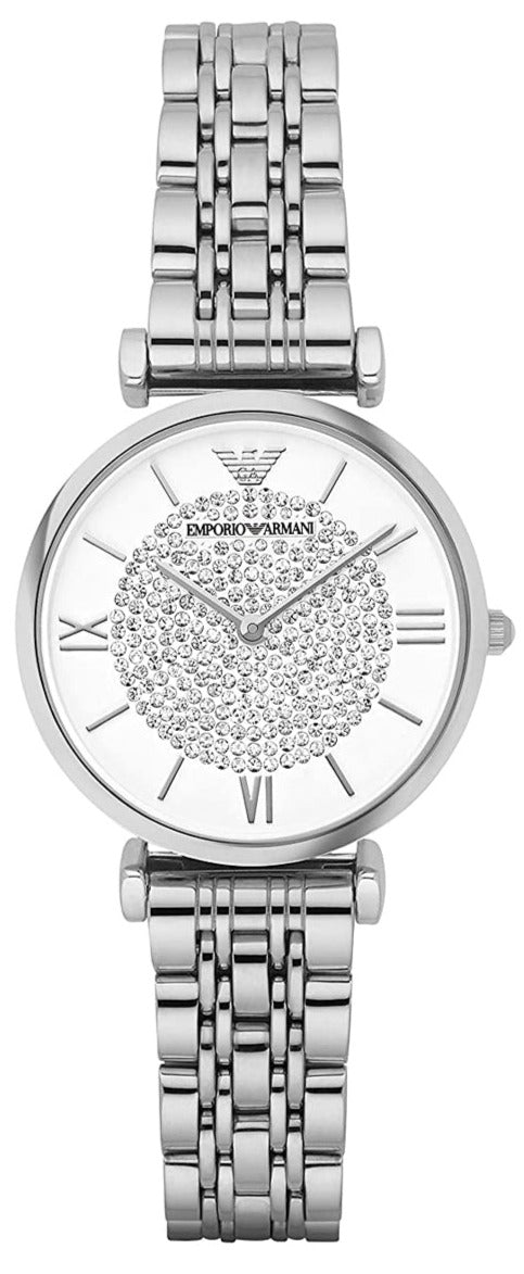 Emporio Armani Gianni T Bar Crystal Pave White Dial Silver Steel Strap Watch For Women - AR1925