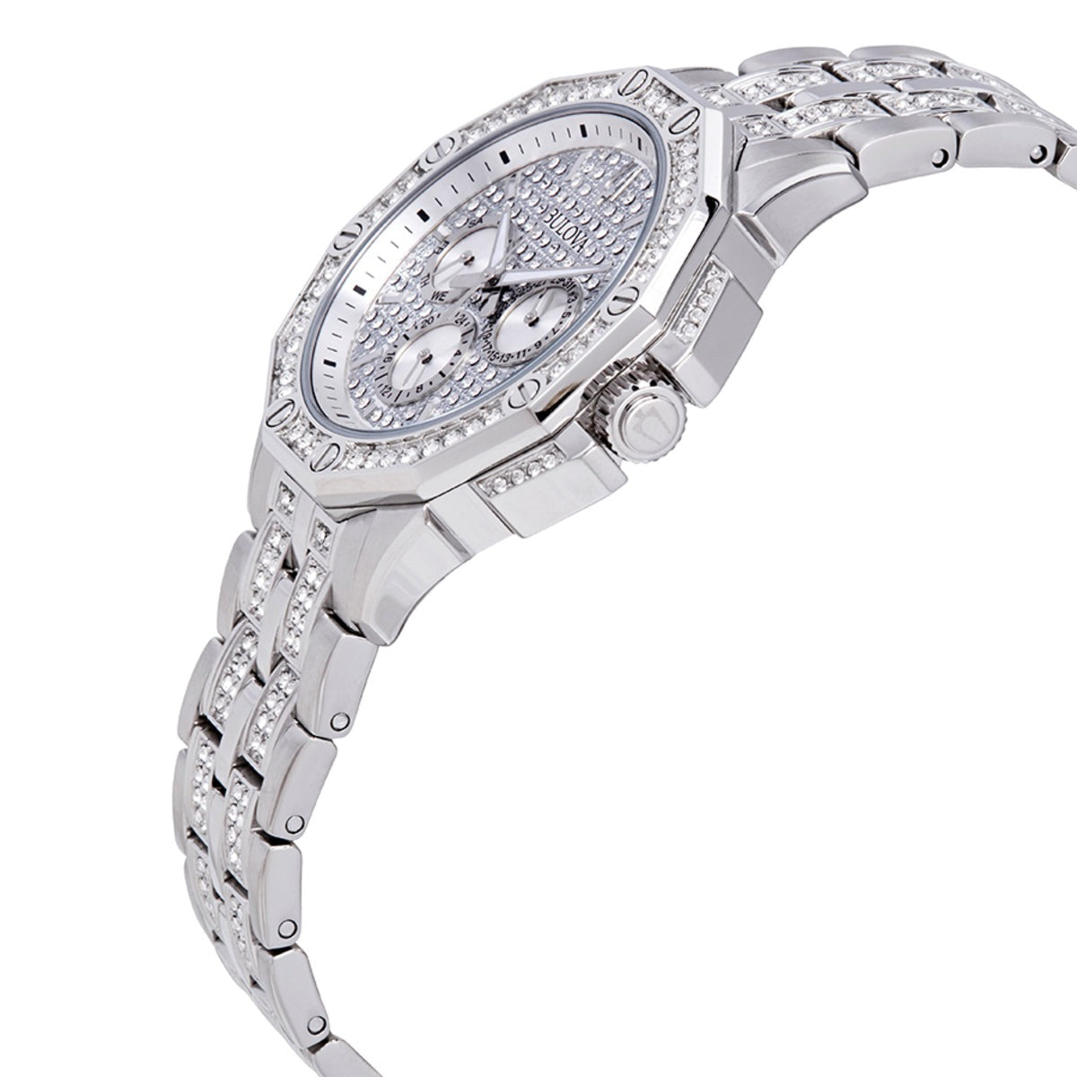 Bulova Crystal Collection Pave Crystals  Silver Dial Silver Steel Strap Watch for Men - 96C134