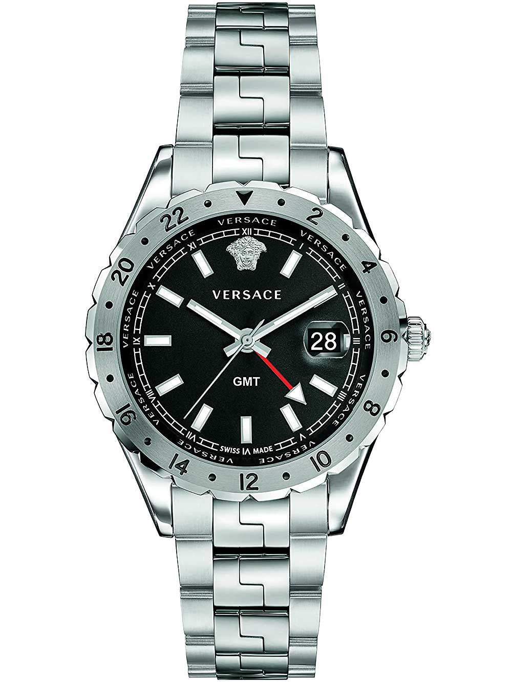 Versace Hellenyium GMT Black Dial Silver Steel Strap Watch for Men - V11020015