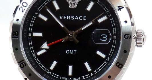 Versace Hellenyium GMT Black Dial Silver Steel Strap Watch for Men - V11020015