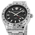 Versace Hellenyium GMT Black Dial Silver Steel Strap Watch for Men - V11020015