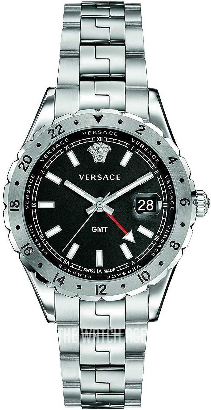 Versace Hellenyium GMT Black Dial Silver Steel Strap Watch for Men - V11020015