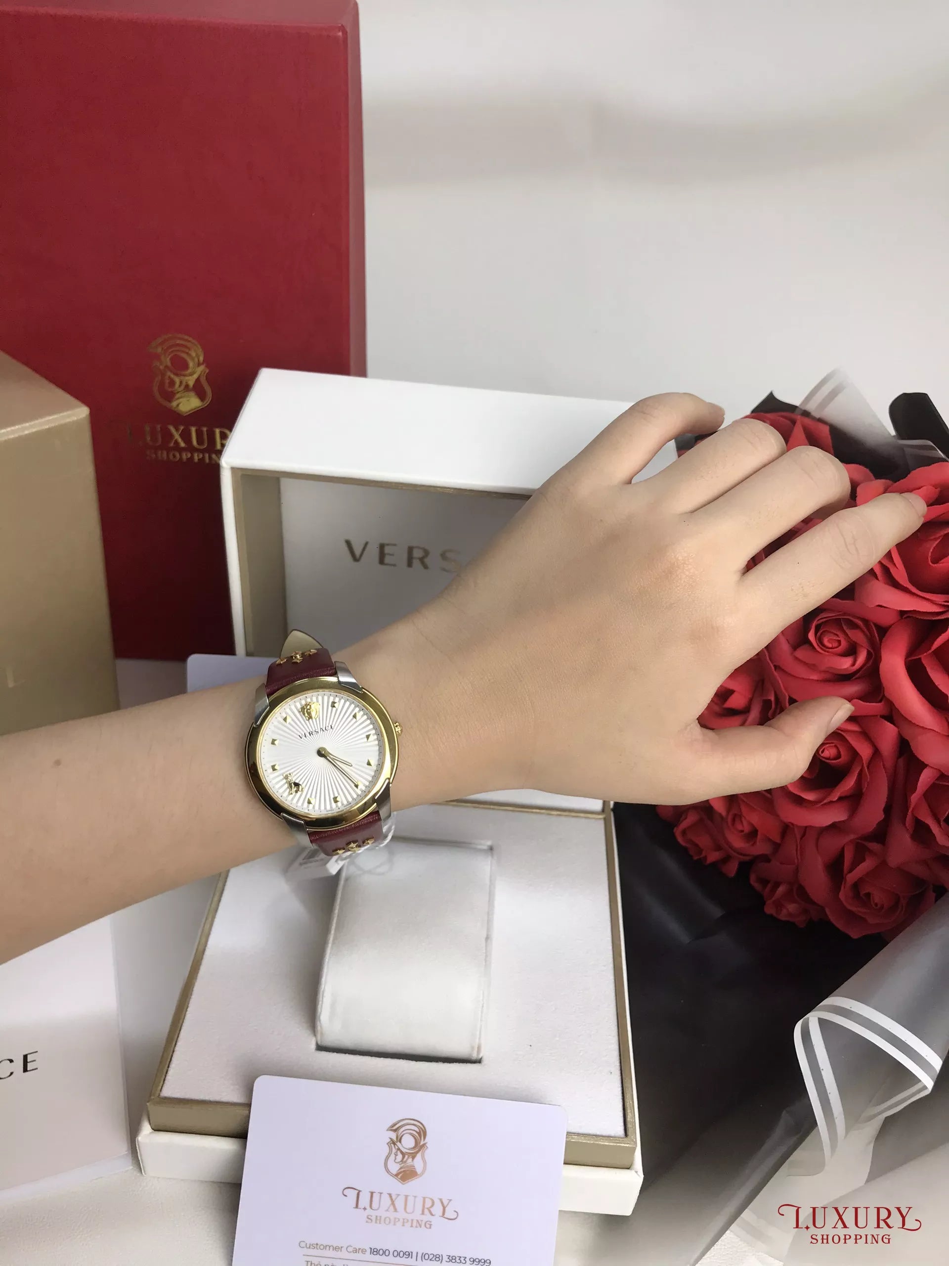 Versace Audrey Quartz Silver Dial Red Leather Strap Watch for Women - VELR00219