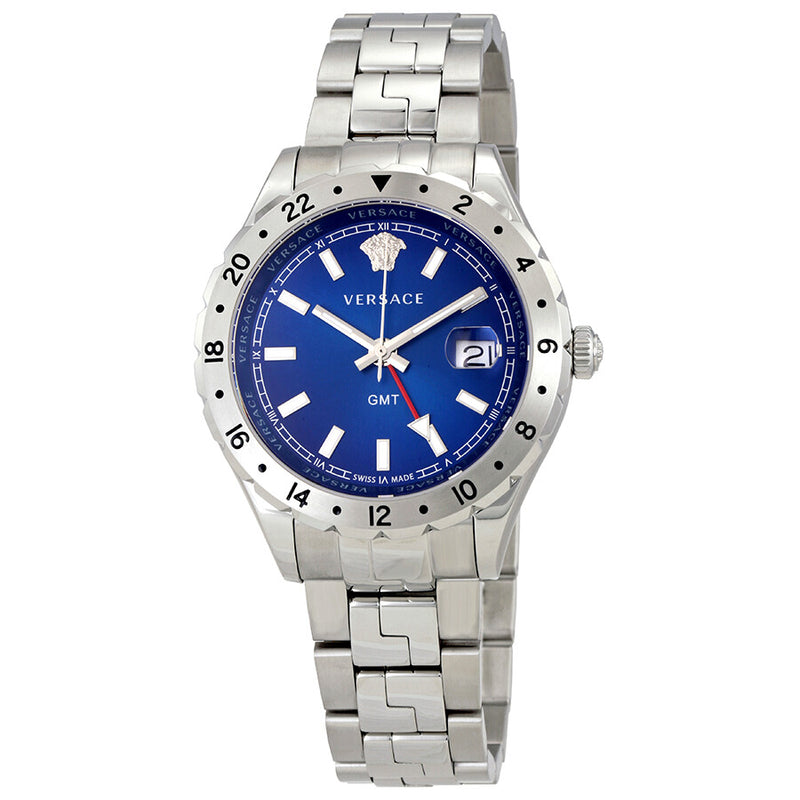 Versace Hellenyium GMT Blue Dial Silver Steel Strap Watch for Men - V11010015