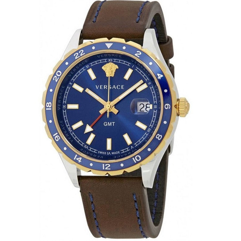 Versace Hellenyium GMT Blue Dial Brown Leather Strap Watch for Men - V11080017