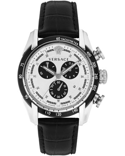 Versace V-Ray Quartz Silver Dial Black Leather Strap Watch for Men - VDB010014