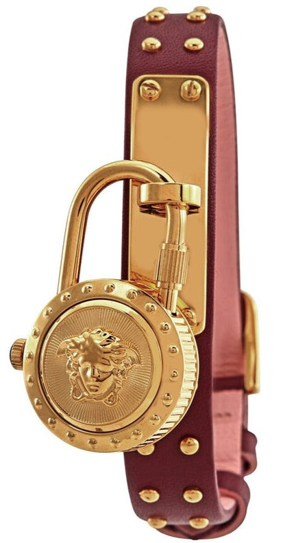 Versace Medusa Lock Icon Gold Dial Red Leather Strap Watch for Women - VEDW00319