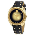 Versace Shadov Quartz Gold Dial Black Leather Strap Watch for Women - VEBM00318