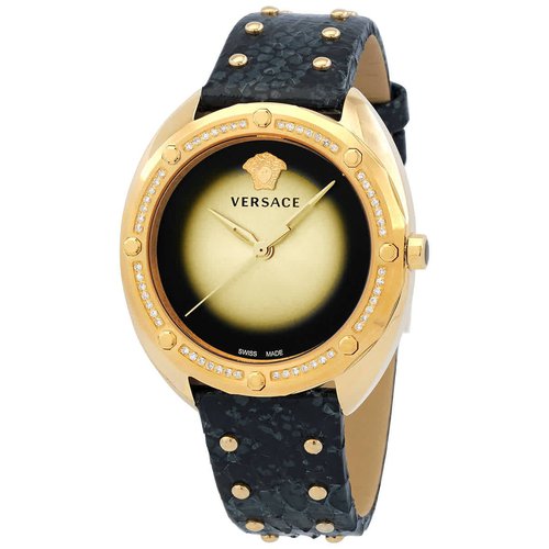 Versace Shadov Quartz Gold Dial Black Leather Strap Watch for Women - VEBM01118