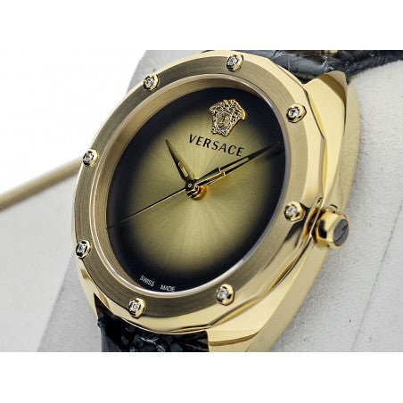 Versace Shadov Gold Dial Green Leather Strap Watch For Women - VEBM01018