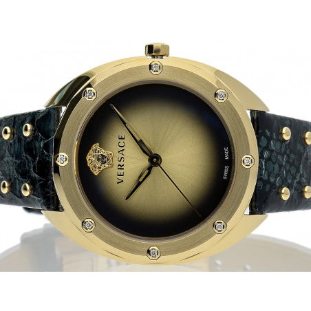 Versace Shadov Gold Dial Green Leather Strap Watch For Women - VEBM01018