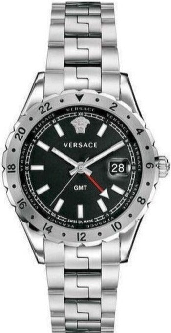 Versace Hellenyium GMT Black Dial Silver Steel Strap Watch for Men - V11020015