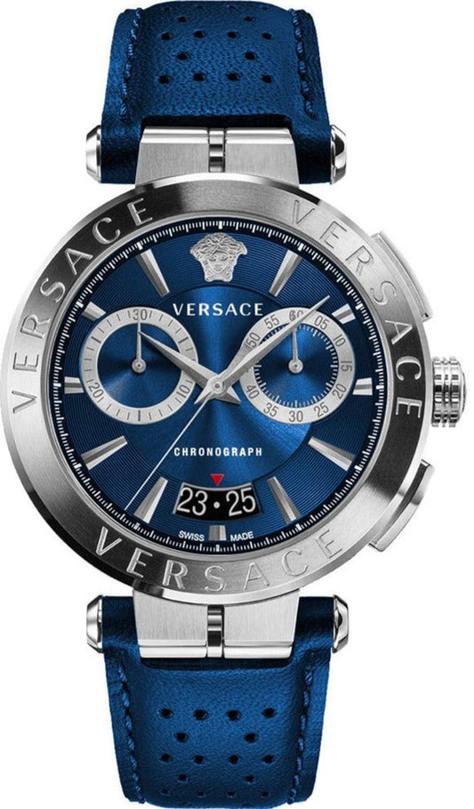 Versace Aion Chronograph Quartz Blue Dial Blue Leather Strap Watch for Men - VE1D01220