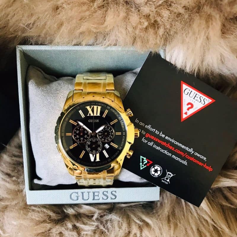 Guess Optic Multifunction Black Dial Gold Steel Strap Watch for Men - W0193G1