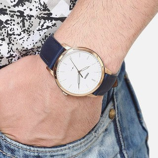 Fossil The Minimalist Slim White Dial Blue Leather Strap Watch for Men - FS5371