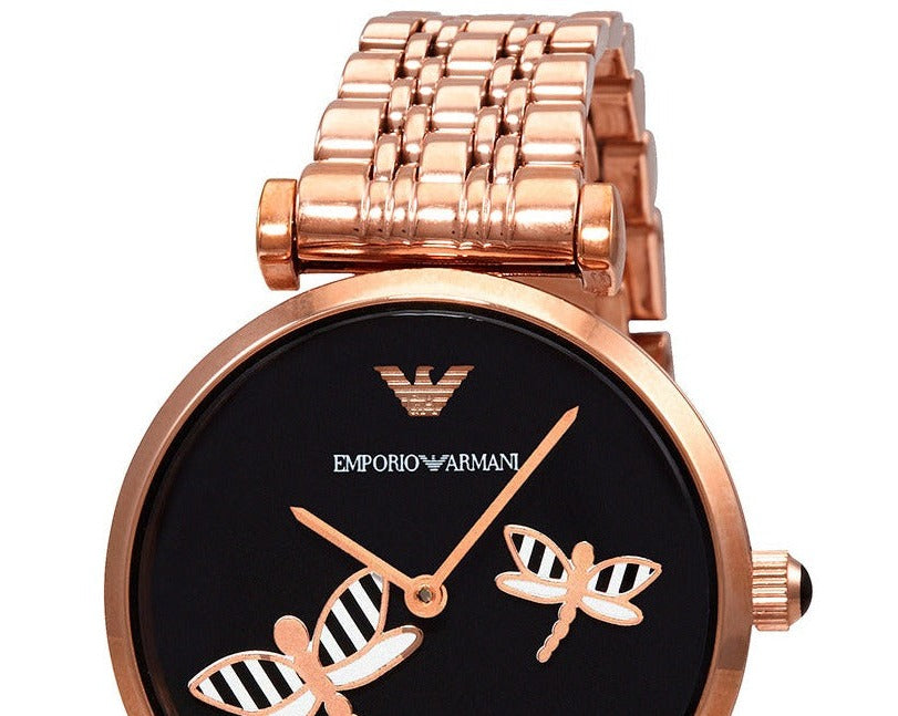 Emporio Armani Gianni T Bar Black Dial Rose Gold Steel Strap Watch For Women - AR11206