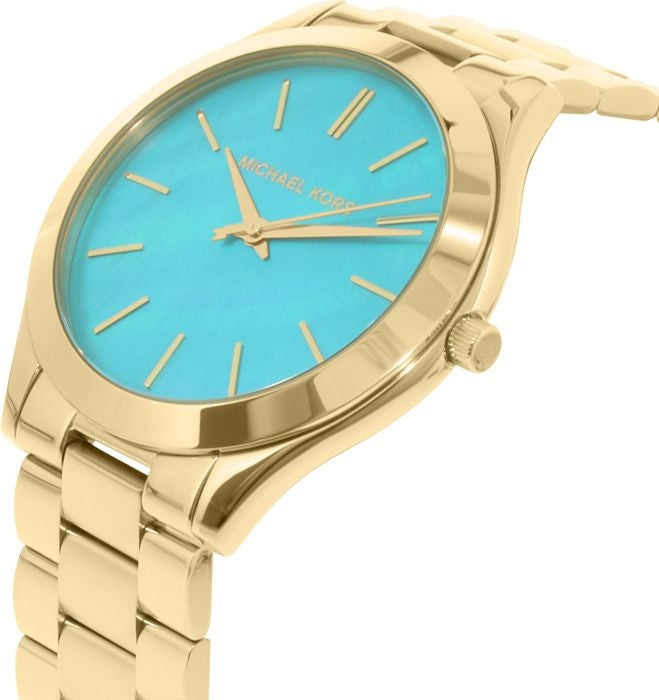 Michael Kors Slim Runway Blue Mother of Pearl Dial Gold Steel Strap Watch for Women - MK3492