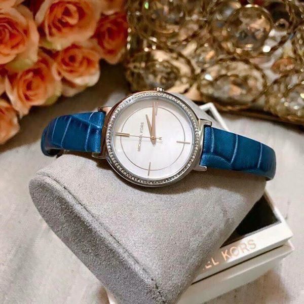 Michael Kors Cinthia Mother of Pearl Dial Blue Leather Strap Watch for Women - MK2661