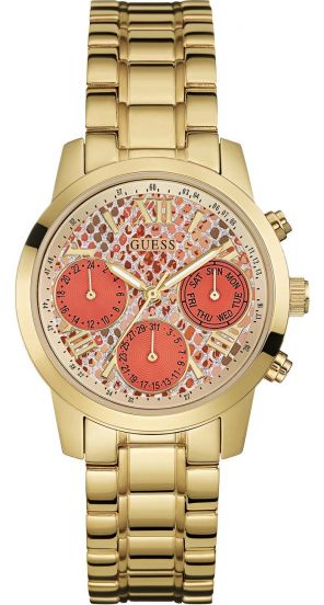 Guess Mini Sunrise Quartz Analog Orange Dial Gold Steel Strap Watch For Women - W0448L7