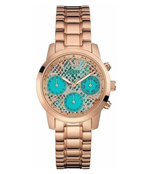 Guess Mini Sunrise Multi Function Analog Turquoise Dial Rose Gold Steel Strap Watch For Women - W0448L8