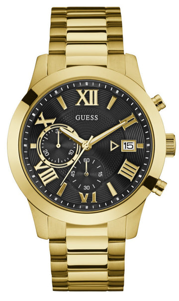 Guess Atlas Chronograph Black Dial Gold Steel Strap Watch for Men - W0668G8