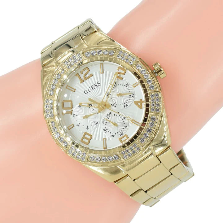 Guess Luna Diamonds White Dial Gold Steel Strap Watch for Women - W0729L2