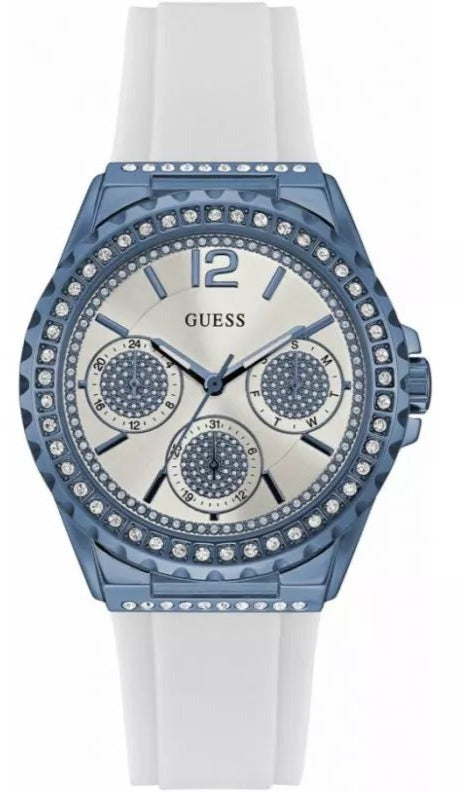 Guess Starlight Diamonds Silver Dial White Rubber Strap Watch for Women - W0846L7