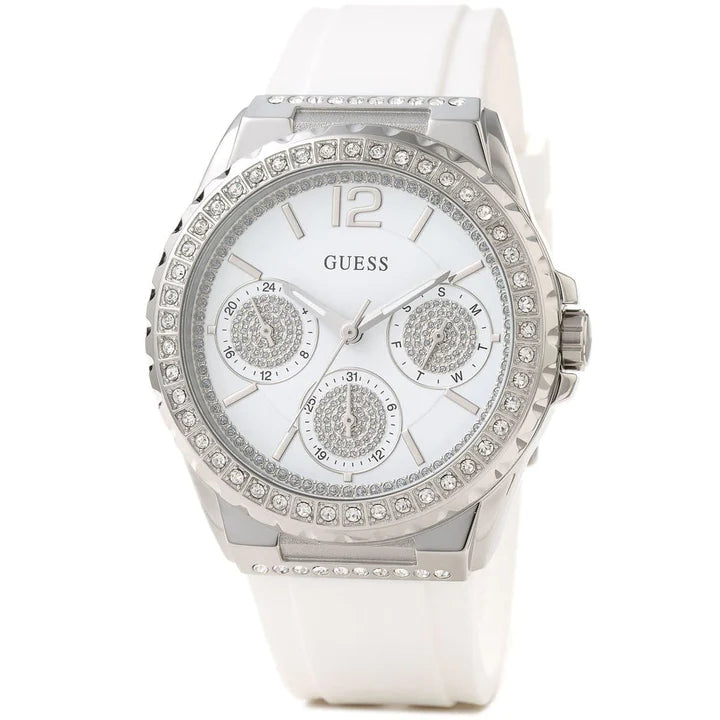 Guess Starlight Multifunction Diamonds White Dial White Rubber Strap Watch for Women - W0846L8