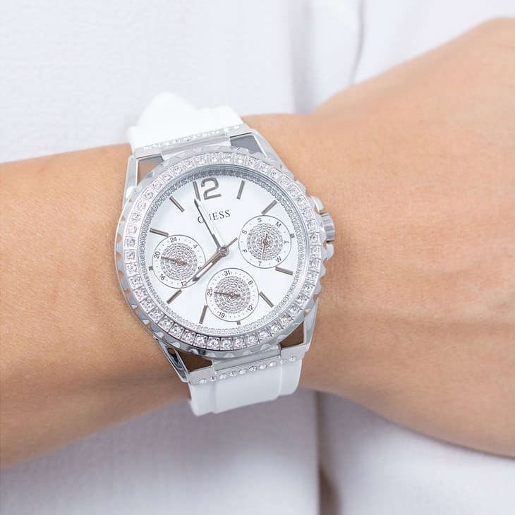 Guess Starlight Multifunction Diamonds White Dial White Rubber Strap Watch for Women - W0846L8