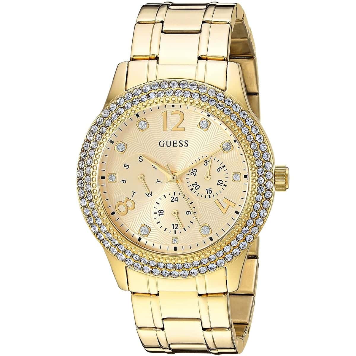 Guess Bedazzle Diamonds Gold Dial Gold Steel Strap Watch For Women - W1097L2