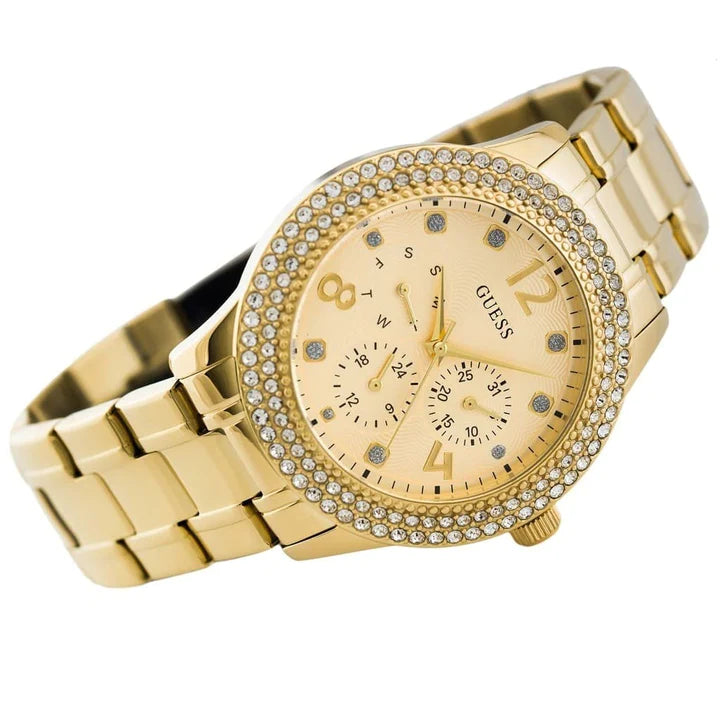 Guess Bedazzle Diamonds Gold Dial Gold Steel Strap Watch For Women - W1097L2