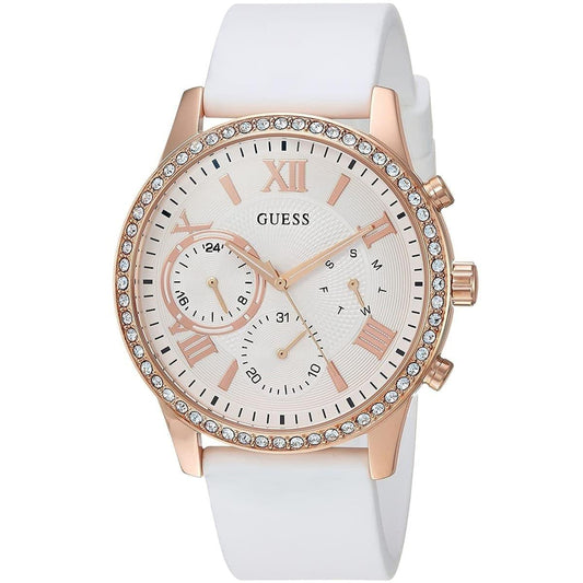 Guess Solar Rose Gold White Dial White Rubber Strap Watch For Women - W1135L1