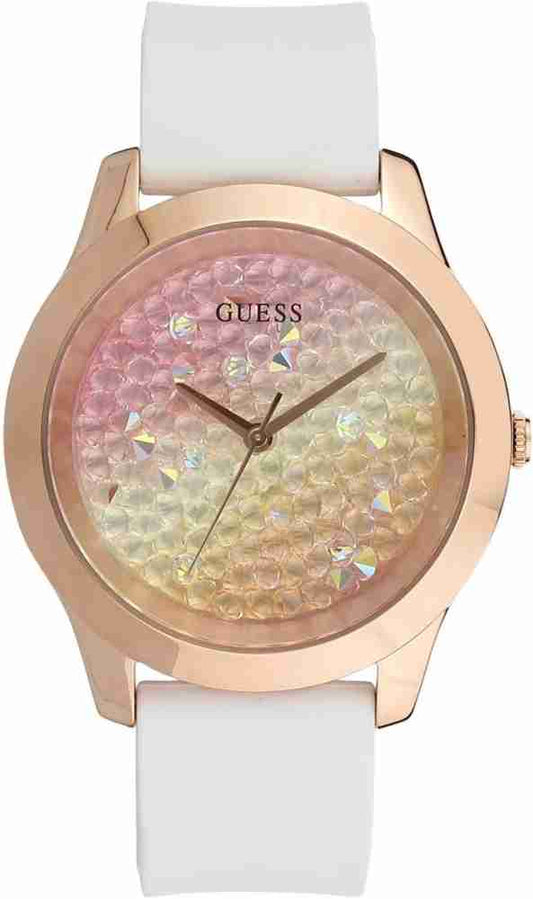 Guess Crush Crystals Gold Dial White Rubber Strap Watch for Women - W1223L3