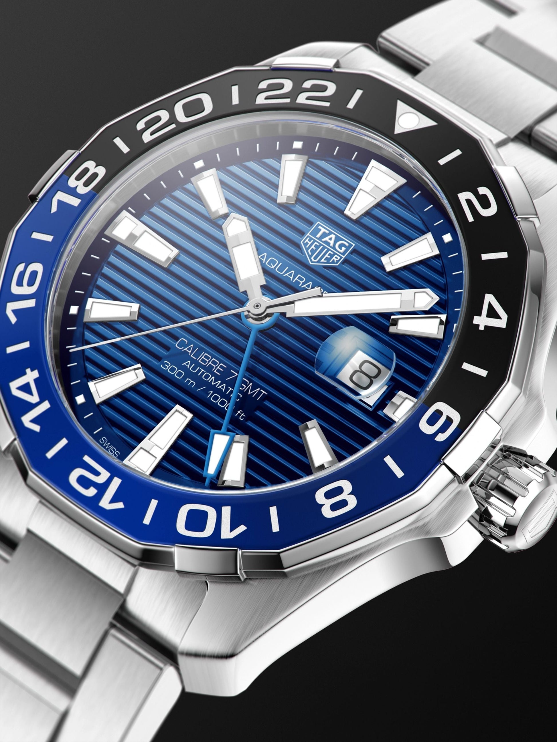 Tag Heuer Aquaracer GMT Blue Dial Calibre 6 Automatic Blue Dial Silver Steel Strap Watch for Men - WAY201T.BA0927