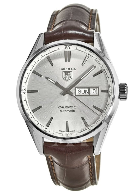 Tag Heuer Carrera Calibre 5 Automatic 41mm White Dial Brown Leather Strap Watch for Men - WAR201B.FC6291