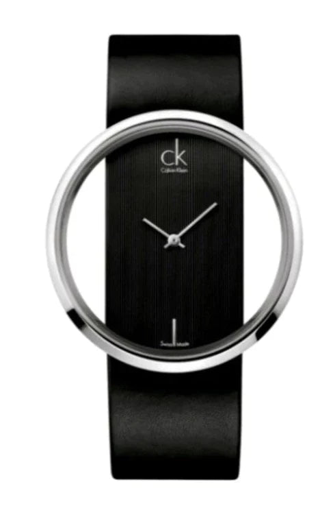 Calvin Klein Glam Transparent Dial Black Leather Strap Watch for Women - K9423107