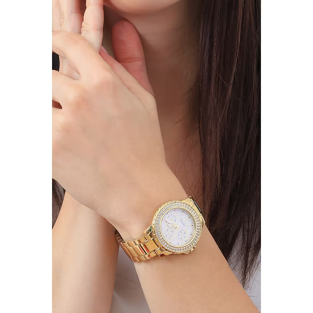 Guess Crown Jewel Diamonds White Dial Gold Steel Strap Watch for Women - GW0410L2