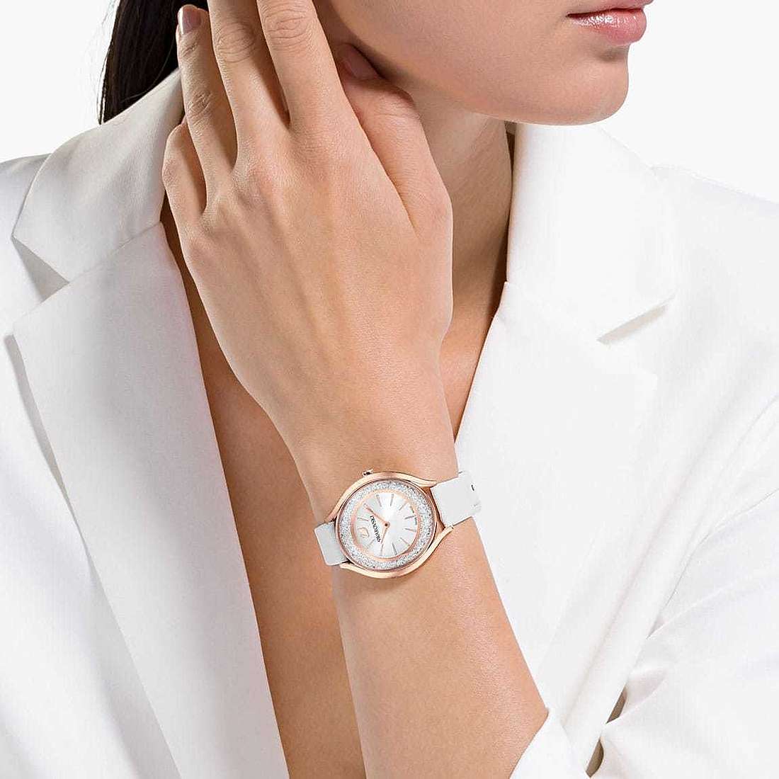 Swarovski Crystalline Aura Crystals Silver Dial White Leather Strap Watch for Women - 5519453