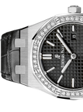 Audemars Piguet Royal Oak Quartz Diamonds Black Dial Black Leather Strap Watch for Women - 67621ST.ZZ.D002CR.01