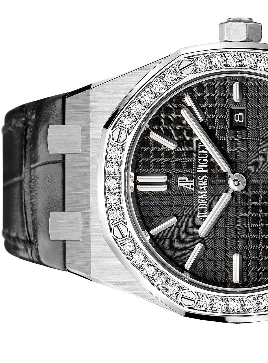 Audemars Piguet Royal Oak Quartz Diamonds Black Dial Black Leather Strap Watch for Women - 67621ST.ZZ.D002CR.01